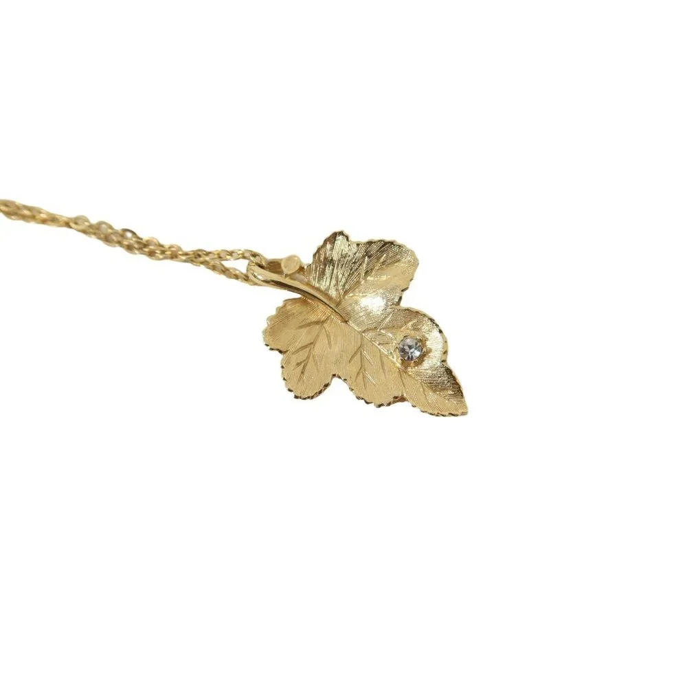 Vintage AVON Goldtone Radiant Leaf Rhinestone Pendant w/ 15.5" Chain Necklace - Picture 3 of 4